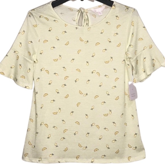 LC LAUREN CONRAD Petite Top Stripe Bell Sleeve Tie-Back Lemon Yellow Sizes MP LP - Picture 5 of 10